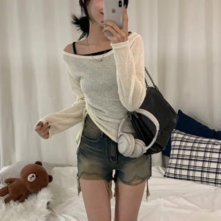 [Slim Fit/Cinched Waist] Karina See-through Mesh Off-Shoulder Knit Long Sleeve Top (3 colors)