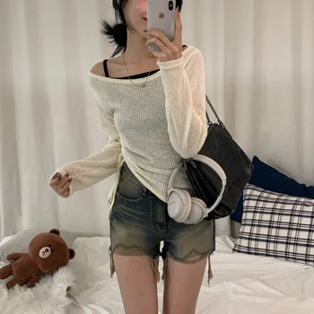 [Slim Fit/Cinched Waist] Karina See-through Mesh Off-Shoulder Knit Long Sleeve Top (3 colors)