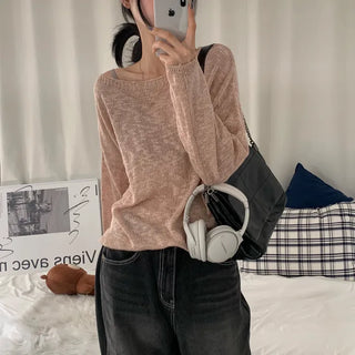 [Summer Knit/Slimming/Delicate~] Summer Boat Neck Loose Fit Lip Boucle See-through Long Sleeve Knit (4 colors)