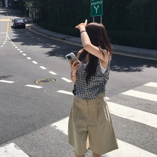 Check Shirred Sleeveless Hoodie