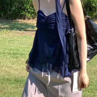 Tie Deep Blue Chiffon Ruffle Bustier