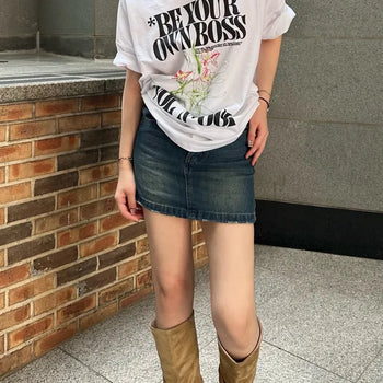 Lena High-Waisted Semi-A-Line Denim Mini Skirt Vintage Denim Black, Dark Blue Denim Skirt Figure-Correcting Mini Skirt