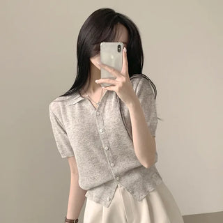 Cinched Waist Summer Linen Collared Crop Short Sleeve Knit Cardigan