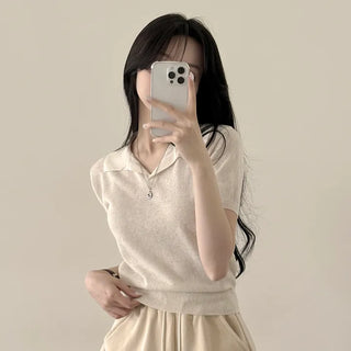 Delicate, Daily Summer Linen Collared Crop Short Sleeve Knit