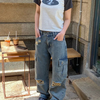 Sage Distressed Wide Cargo Denim / M - L Adjustable waist with inner drawstring!
