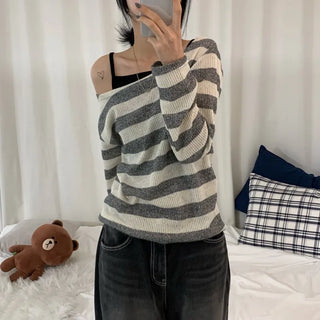 [Anti-salt/Delicate~] Striped Off-shoulder Loose Fit See-through Long Sleeve Knit Top (2 colors)