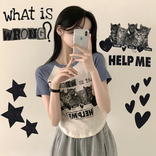 Cinched Waist~ Contrast Ribbed Raglan Cat Print Crop Short Sleeve T-shirt