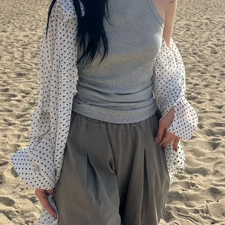 Layered Bello Dot See-through Loose Fit Summer Shirt Blouse Point Summer Shirt Thin Shirt