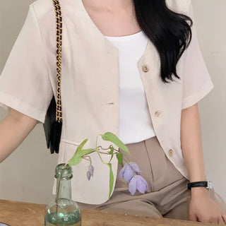 Collarless Semi-Crop Linen Short Sleeve Jacket