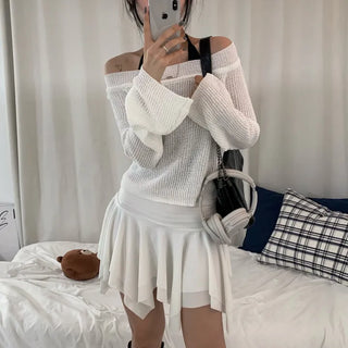 [Anti-salt/Delicate~] Loving See-through Off-shoulder Summer Loose Fit Long Sleeve Knit (6 colors)
