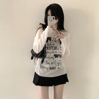 Delicate Fit with Protective Instinct, Summer See-through Boat Neck Lettering T-shirt Long Sleeve Knit
