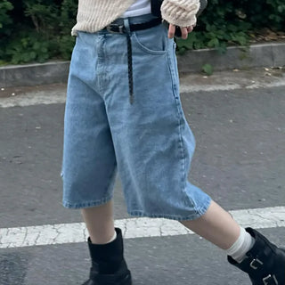 Maxi back-elastic denim Bermuda pants