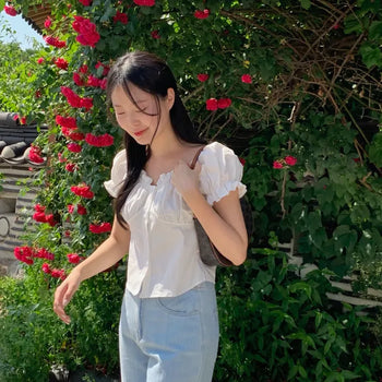 Rinell Shirred Puff Crop Short Sleeve Blouse
