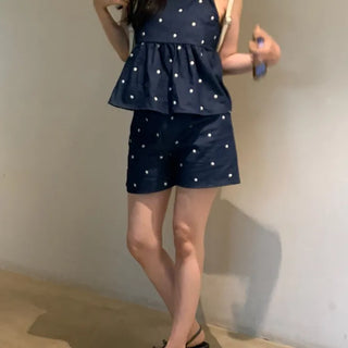Flower Embroidered Denim Bustier Shorts Set