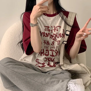 Hip Mood, Color Block Raglan Painting Lettering Boxy Short Sleeve T-shirt