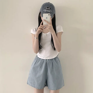100% Versatility, Basic Cotton Elastic Waist Wide Shorts