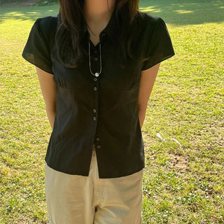 Double Button Cut Shirred Short Sleeve Shirt 2 Colors