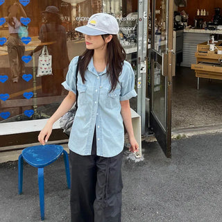 Rolled-up denim pocket oversized short-sleeve shirt 2 colors