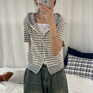 [Two-way ver] Summer Striped Short Sleeve Crop Summer Zip-up Hoodie (4 colors)