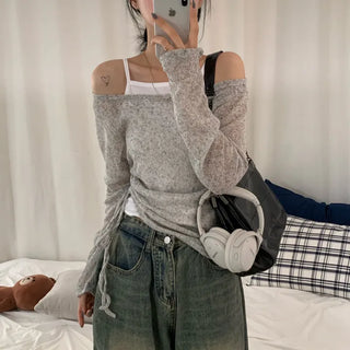 [Super Slim Fit/Cinched Waist] See-through Off-shoulder Layered Mesh Long Sleeve Knit Top (3 colors)