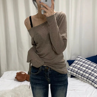 [Sal-Anta Item/Delicate~] Slit Off-Shoulder See-through Shirred Summer Long-Sleeve Knit Top (3 colors)