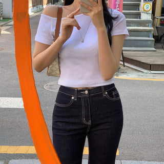 Swen Asymmetrical Off-Shoulder Crop Short Sleeve T-Shirt