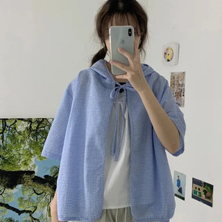 Letter hood ribbon gingham cardigan