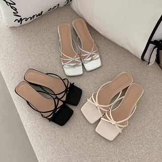 ◈4cm◈Strap Mule Silver Slippers Knot Twist Square Low Heel Summer Wedding Guest Look Shoes