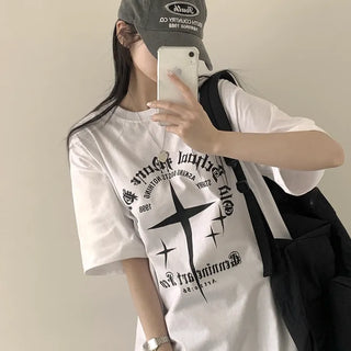 Unique Mood, Cross Print Lettering Round Boxy Short Sleeve T-shirt