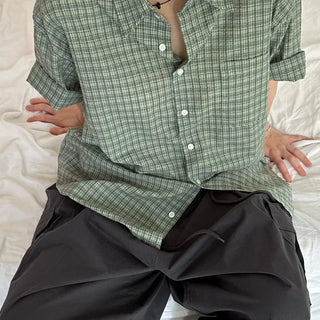 Unisex Oversized Light Seersucker Short Sleeve Check Shirt