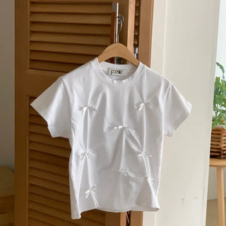 Ribbon Pintuck Round Neck Short Sleeve T-shirt