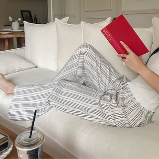 Retro Seersucker Striped Wide Elastic Pants