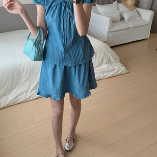 Back Ribbon Pintuck Puff Blouse, Elastic Pintuck Skirt, Cotton Two-Piece Set