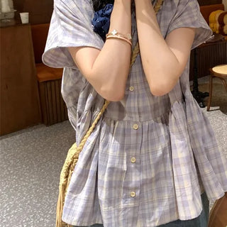 Linen Purple Check Short Sleeve Shirred Shirt