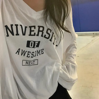 Uni Lettering V-Neck Loose Fit Long Sleeve T-Shirt