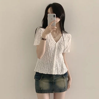Pastel, Boucle Ribbed V-Neck Short Sleeve Knit Cardigan