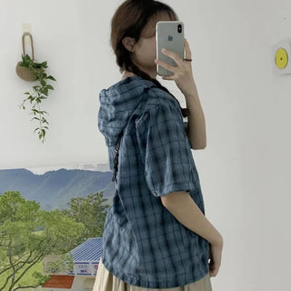Tonari check hooded short-sleeve shirt