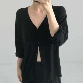 Black loose-fit V-neck cardigan