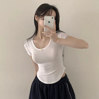 Figure-Shaping Stretchy U-Neck Rounded Crop Short Sleeve T-Shirt