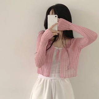 Lovely mood, Bamboo ribbed bolero strap see-through cropped long-sleeve knit cardigan