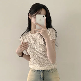 Feminine Mood, Boucle Round Cap Sleeve Short Knit