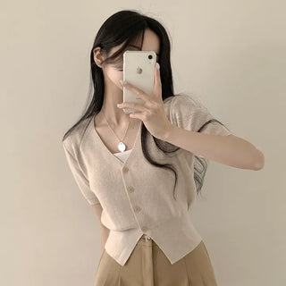 Soft Cotton V-Neck Delicate Fit Cropped Short Sleeve Knit Cardigan