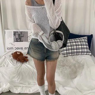 [Delicate/Slimming Item] See-through Linen Loose Fit Off-shoulder Summer Long Sleeve Knit Top (3 colors)