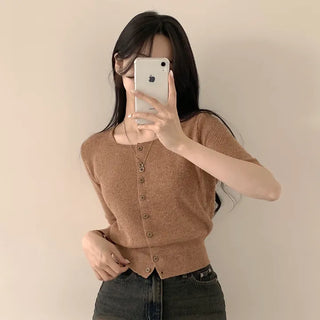 Full of Femininity, Linen Square Neck Crop Short Sleeve Knit Cardigan
