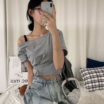 [Cinched Waist] Daily One-Off Shoulder Short Sleeve T-Shirt (3 colors)