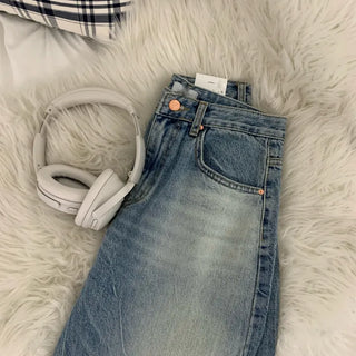 Washed balloon fit medium blue wide denim long pants