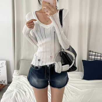 [Slim Fit] Glam V-Neck See-through Vintage Long Sleeve Knit Top (3 colors)