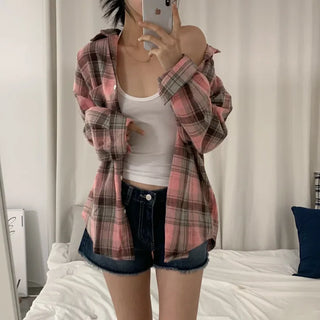 [Oversized/Transitional Season Item] Pink Check Loose Fit Shirt