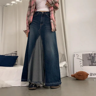 Fake vintage flare denim maxi long skirt