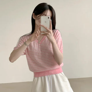 Colorful Linen V-Neck Striped Short Sleeve Knit